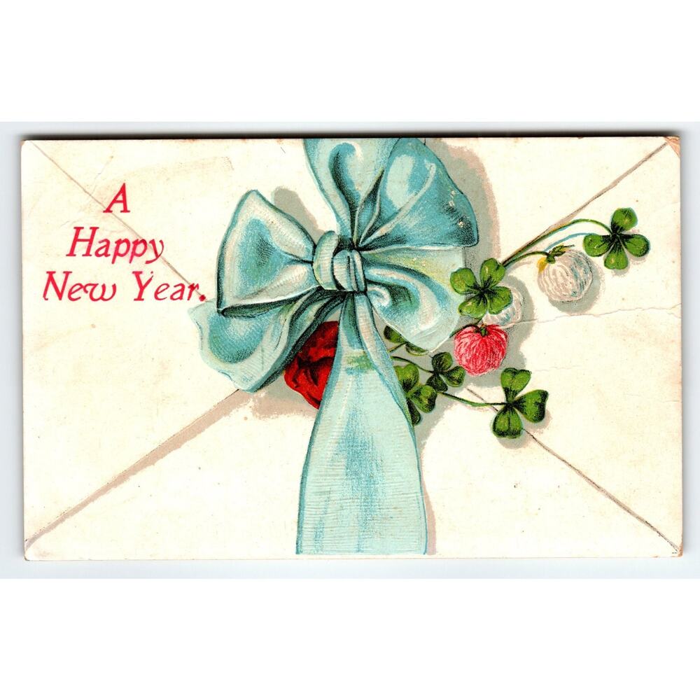 Vintage Embossed New Year Postcard with Blue Bow & Clover